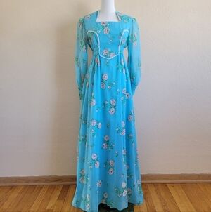 Norma J Of California | 70s Vintage Blue Floral Long Sleeve Cottagecore Dresss